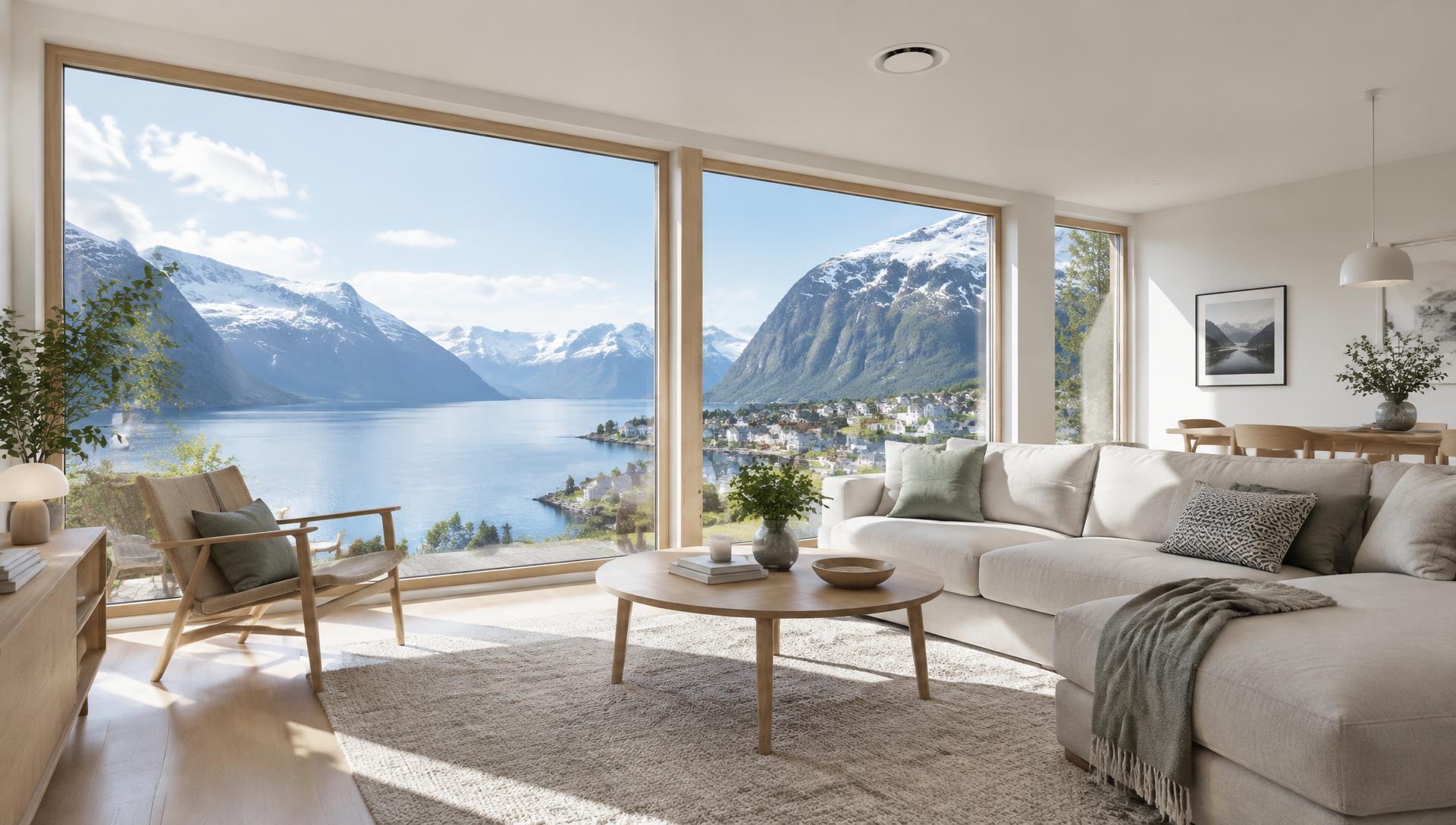 Lys stue med fjordutsikt og frisk luft